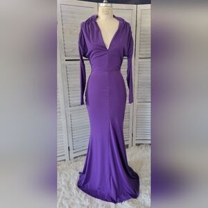 Purple mermaid dress deep v neck fitted long sleeve ruched shoulder